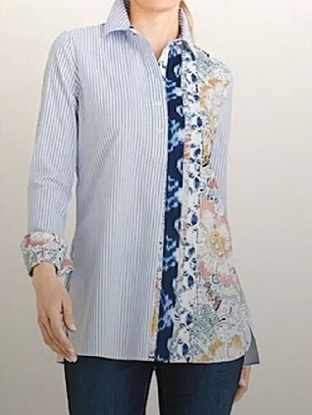 Chicos Cotton-Blend Striped Mixed-Print Tunic  size 4